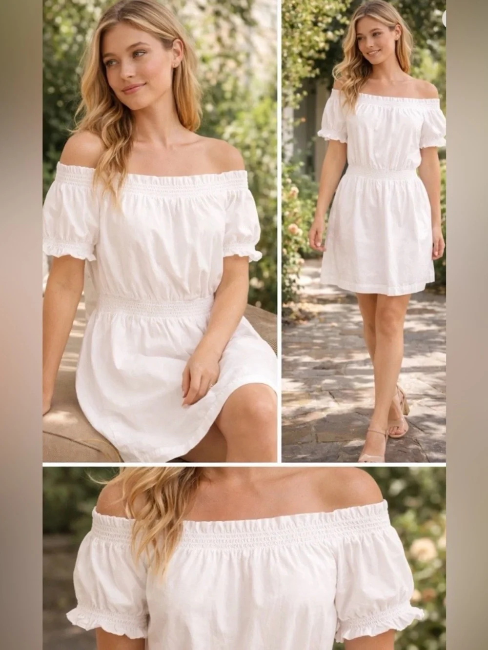 J. Crew White Off Shoulder Dress 100% Cotton Smocked XS Summer Cottagecore